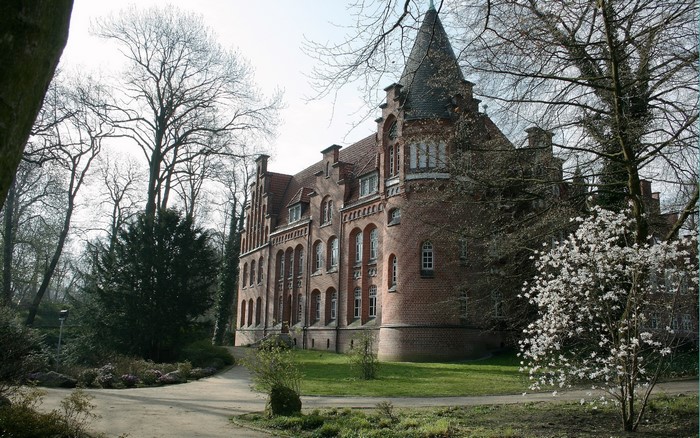 Brick castle with a conical tower surrounded by trees