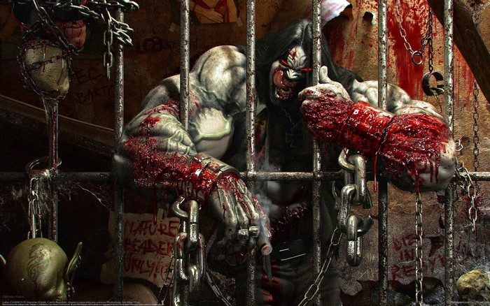 Lobo in a cage with bloody chains