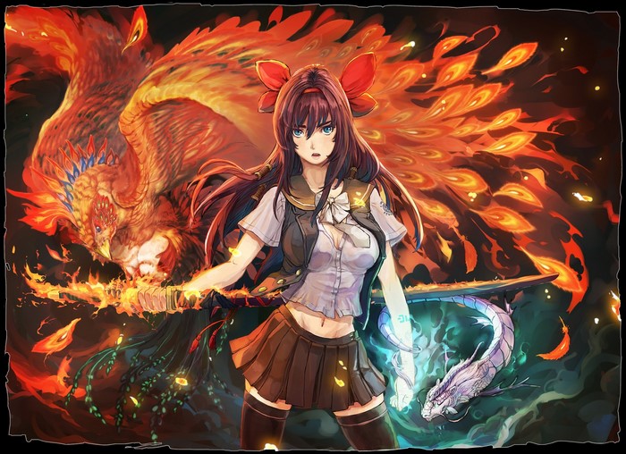 Girl with Phoenix and Dragon