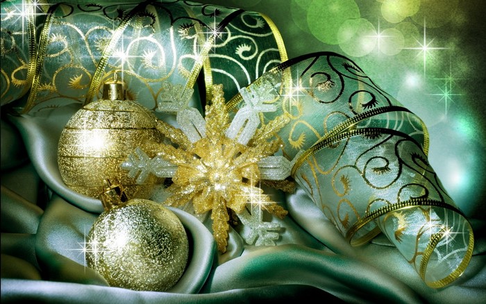 Christmas ornaments and ribbon on satin