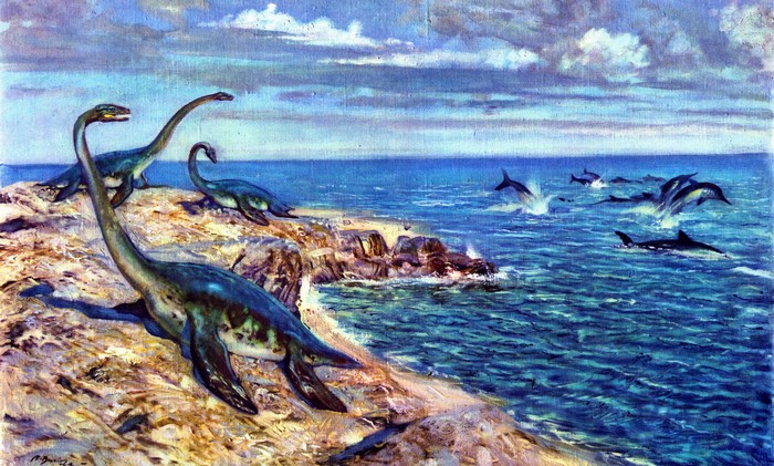 Ancient marine reptiles and dolphins by the sea