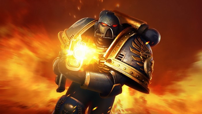 Space Marine from Warhammer 40,000 firing a weapon