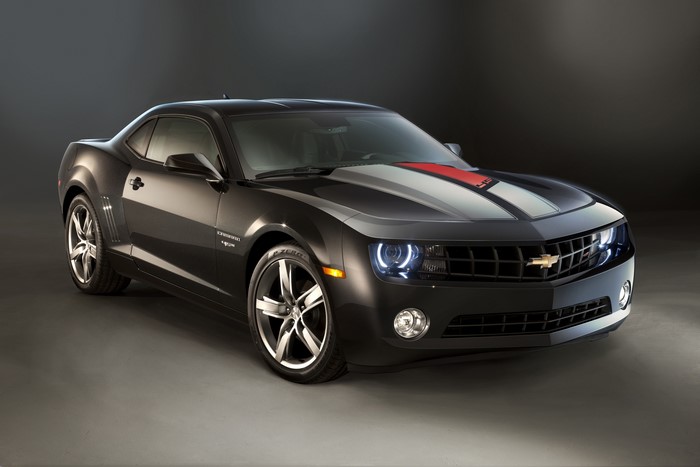 Black Chevrolet Camaro with racing stripes