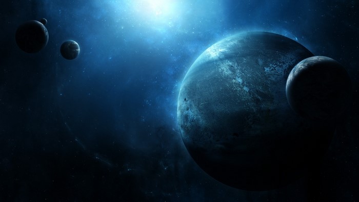 Planets in deep space with bright light