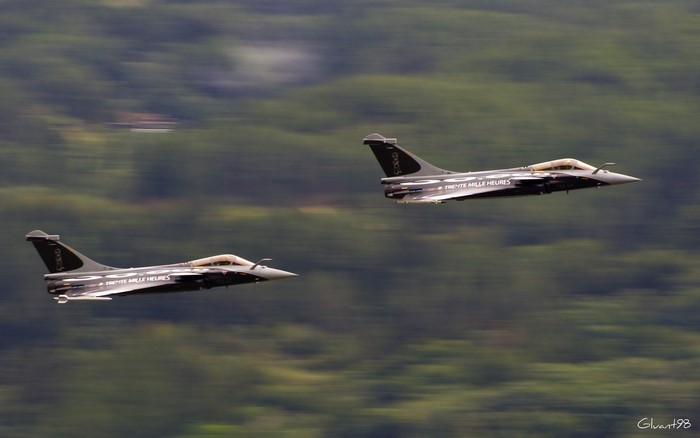 Two Dassault Rafale fighter jets in flight