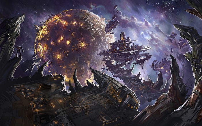 Cyberpunk planet with orbital stations and Transformers