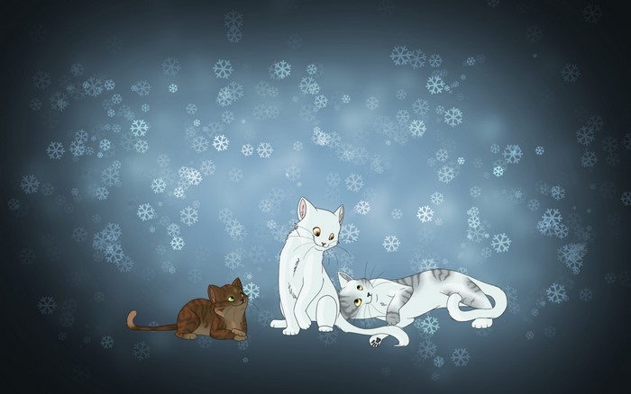 Three cartoon cats in a snowy background