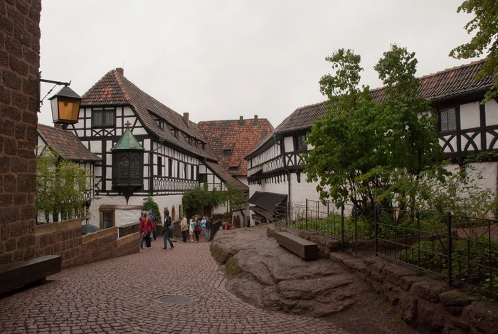 Half-timbered buildings in a castle courtyard