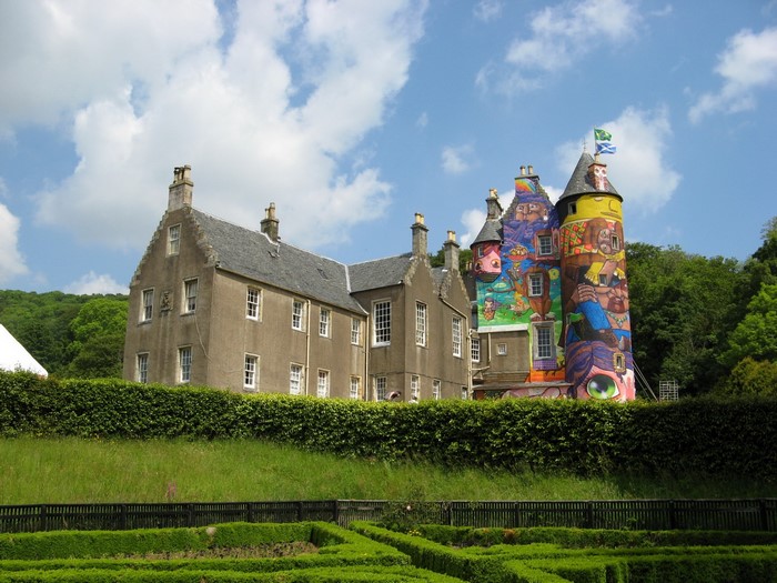 Kelburn Castle with colorful graffiti art in Scotland