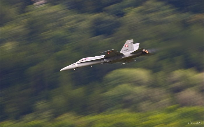 Swiss Air Force F/A-18 Hornet flying over trees