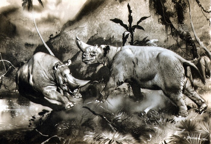 Arsinoitherium fighting in a prehistoric jungle