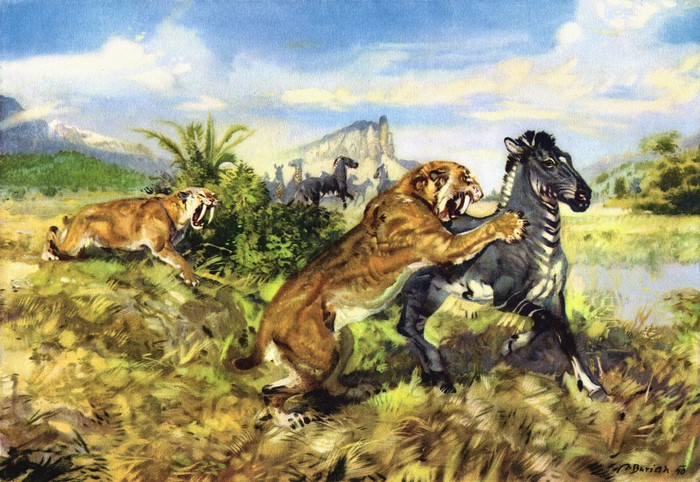 Sabertooth cats attacking a horse in a prehistoric landscape