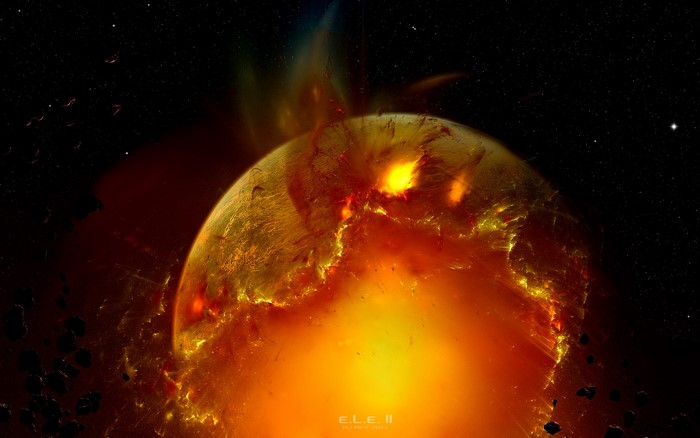 Planet exploding in space with debris
