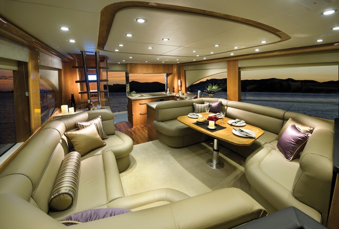 Luxury yacht interior with dining area and view