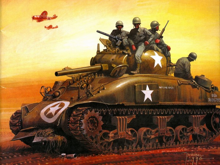American Sherman tank with soldiers and planes