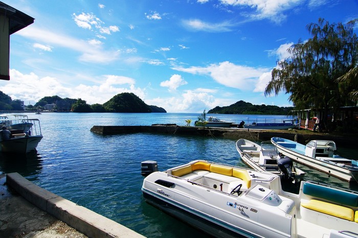 Boats docked in a tropical bay under a blue sky