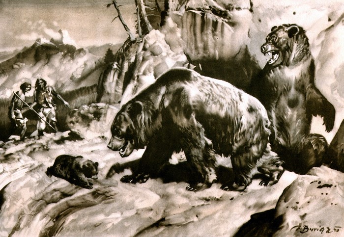 Cave bears confront two ancient humans with spears