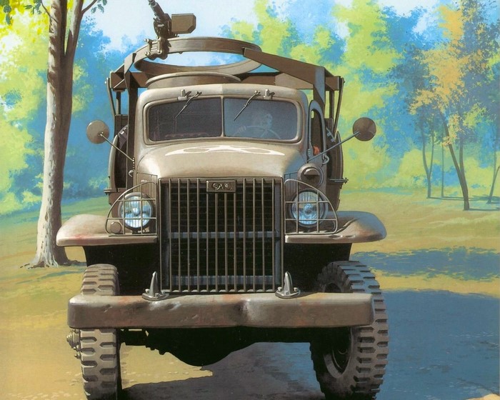 Painting of a GMC CCKW 353 truck with a machine gun