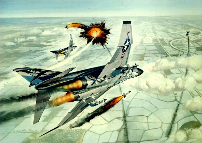 Painting of fighter jets in aerial combat