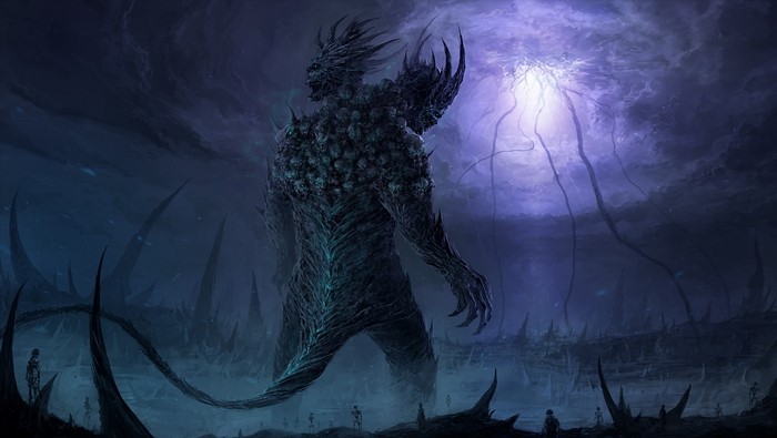 Giant two-headed monster in a dark, alien landscape