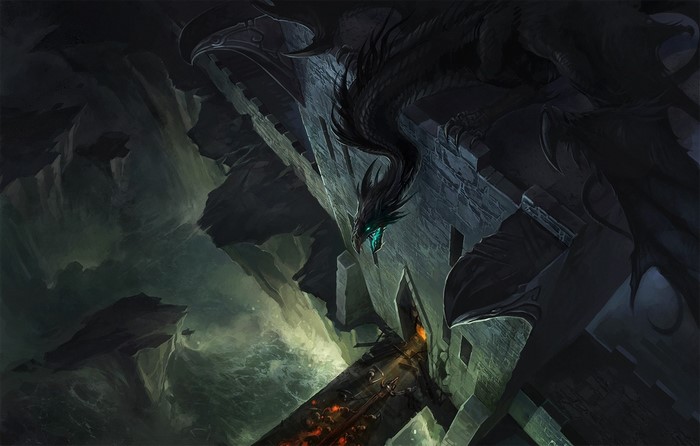 A black dragon perched on a stone structure