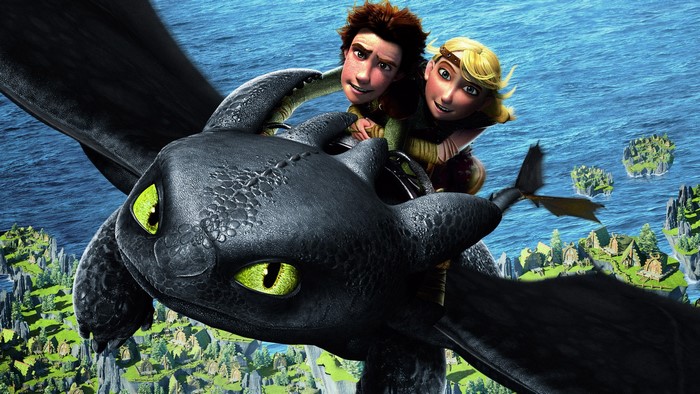 Hiccup and Astrid riding Toothless from How to Train Your Dragon
