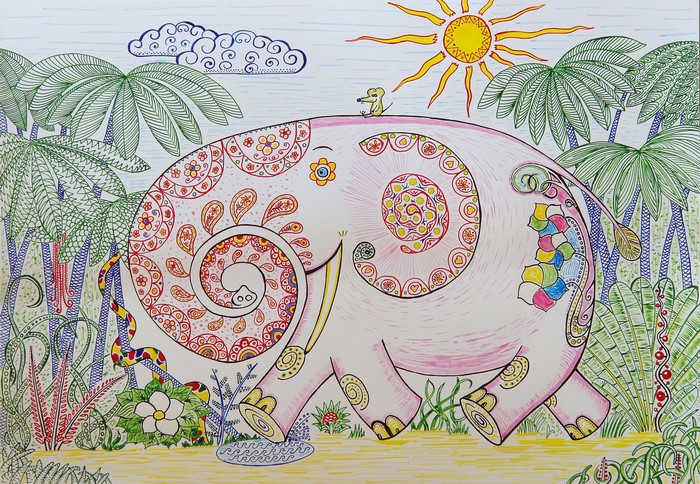 An elephant with intricate patterns and a mouse