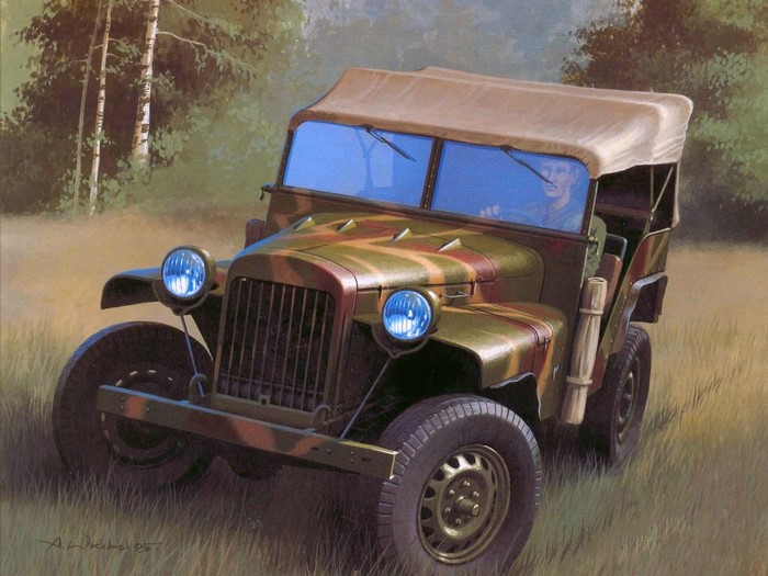 Camouflaged Military Jeep with Driver in Forest