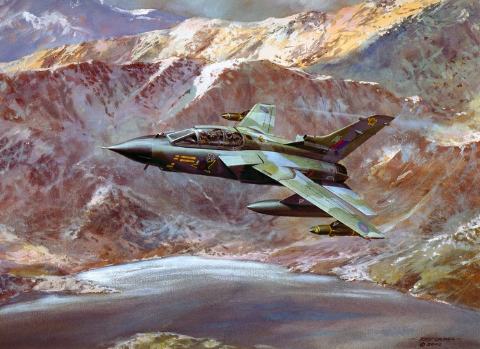 Tornado Fighter Jet Flying Over Mountains and Lake Painting