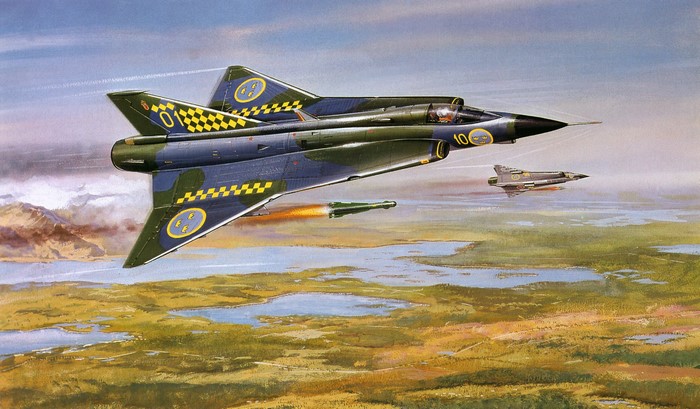Saab 35 Draken fighter jets in flight