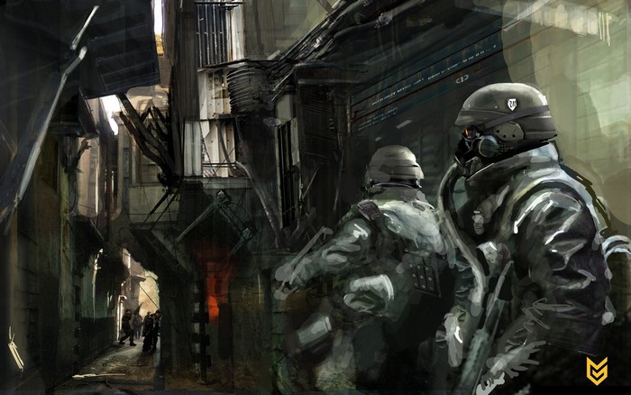 Soldiers in a destroyed urban environment