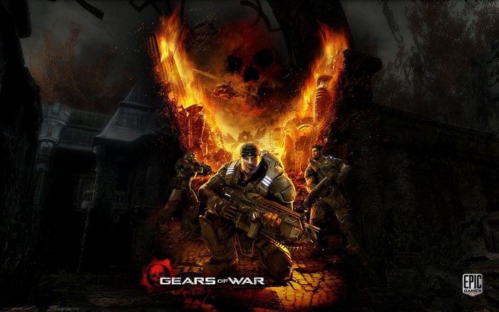 Gears of War characters in front of a fiery skull