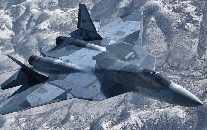 Sukhoi Su-57 fighter jet flying over snowy mountains