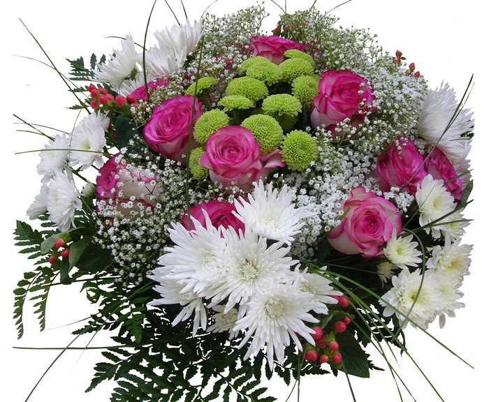 Bouquet of pink roses, white chrysanthemums, and green button mums