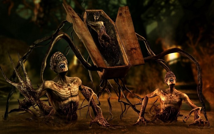 Monsters emerging from a coffin