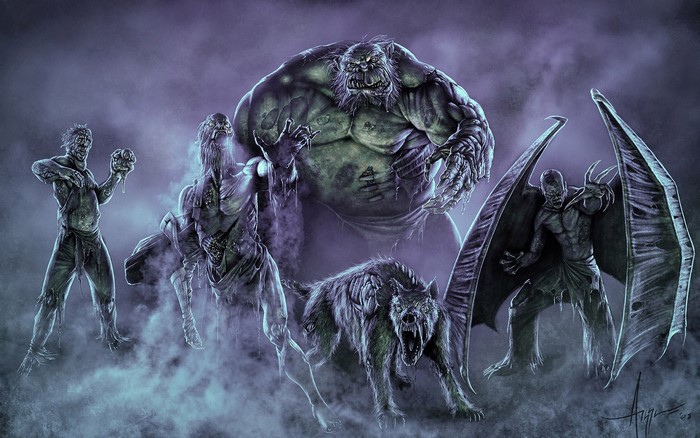 A group of monstrous creatures in a foggy environment