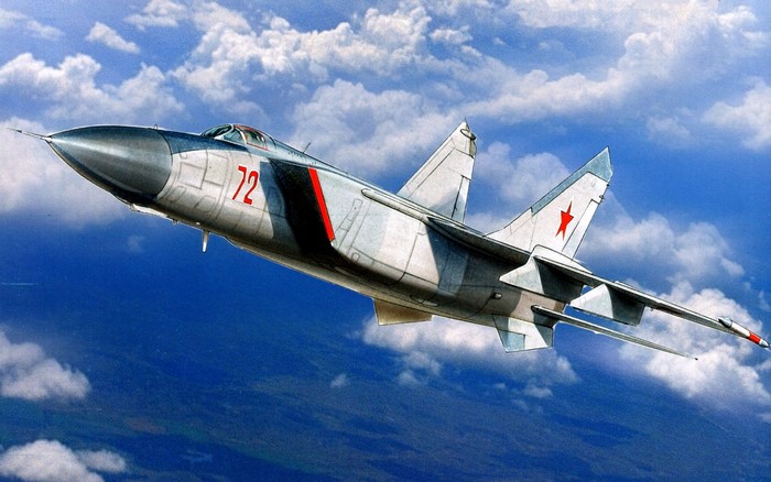 Painting of a Soviet MiG-23 Flogger fighter jet in flight