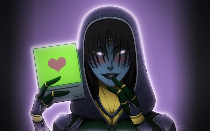 Asari from Mass Effect holding a laptop with a heart