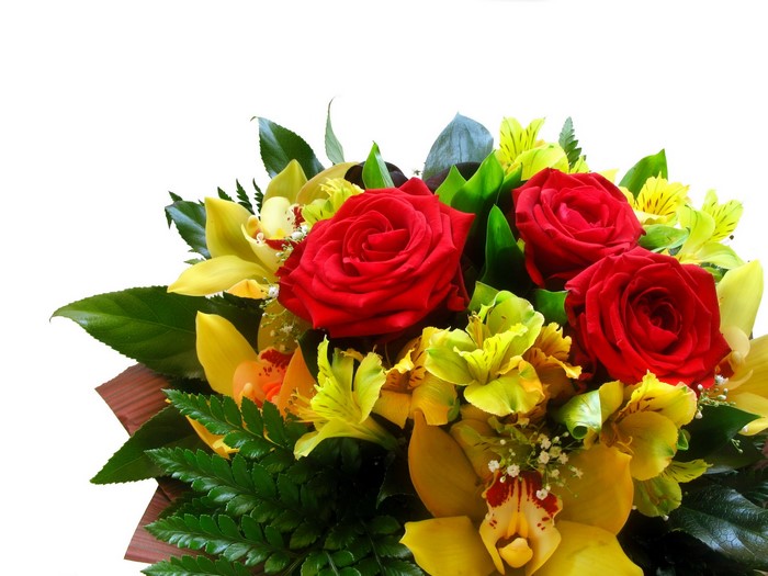 Bouquet of red roses and yellow orchids