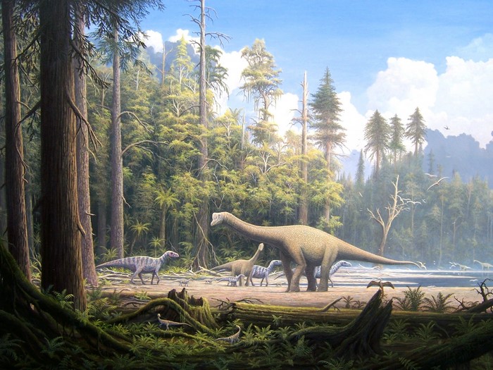 Dinosaurs in a prehistoric forest and watering hole