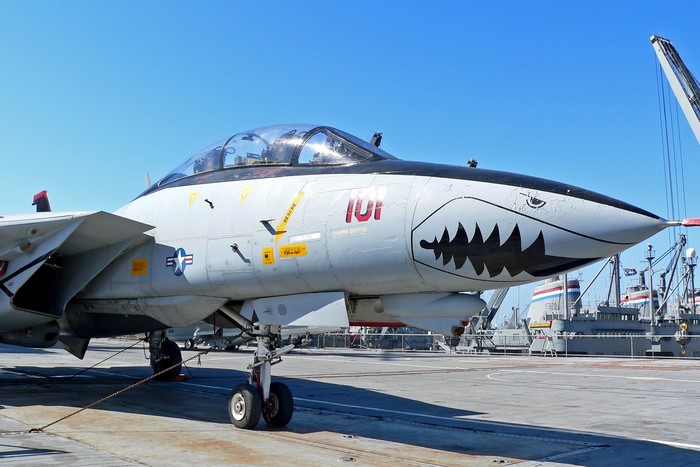 F-14 Tomcat fighter jet with shark mouth paint