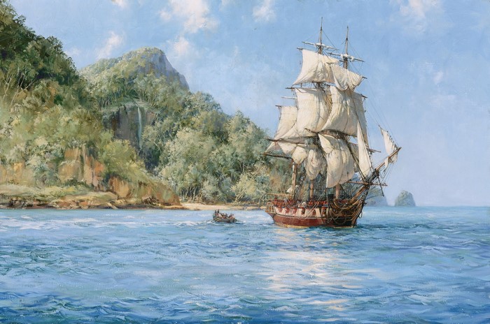 Painting of a Sailing Ship near a Waterfall Island