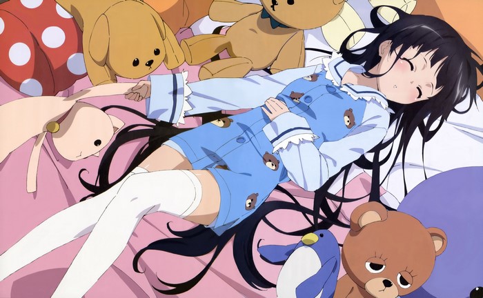 Alice from Kamisama no Memochou sleeping with stuffed animals