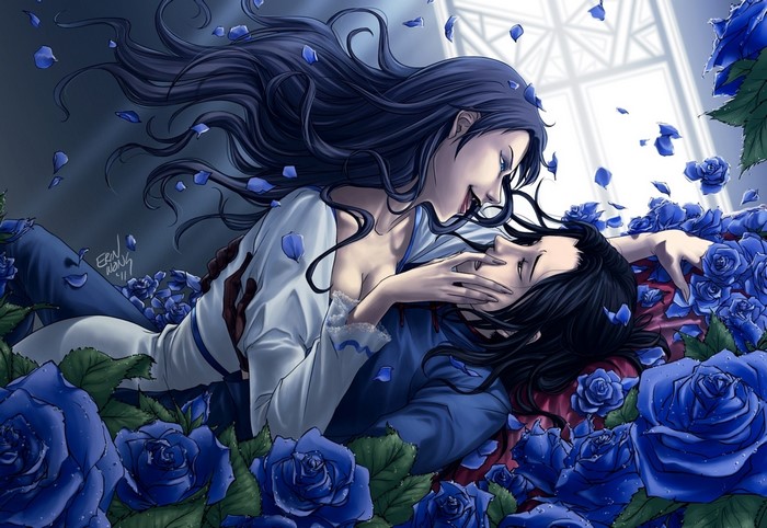 Two figures in a bed of blue roses