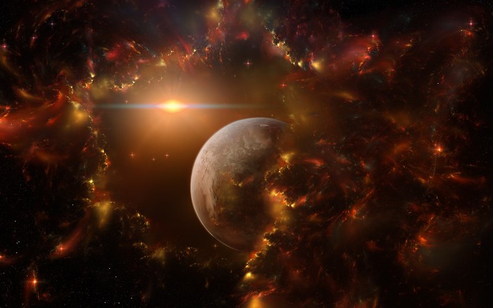 Planet in a nebula with a bright star