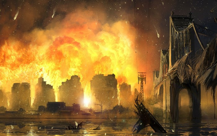 Apocalypse city explosion with falling meteors