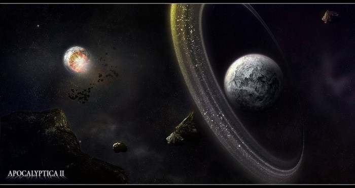 Apocalyptica II space scene with planets and asteroids