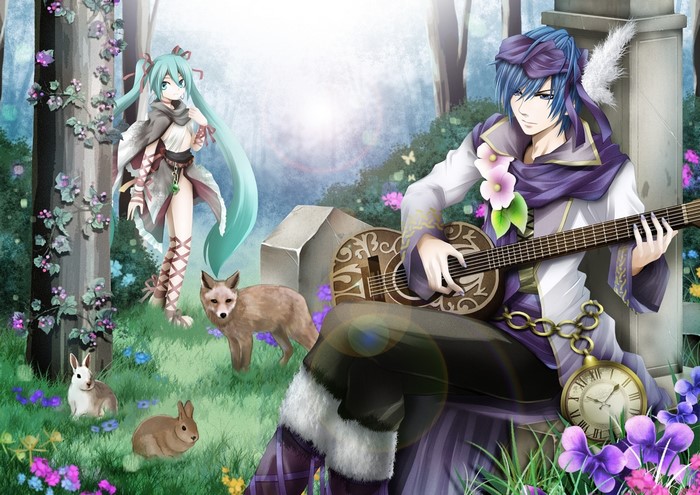Hatsune Miku and Kaito from Vocaloid in a forest
