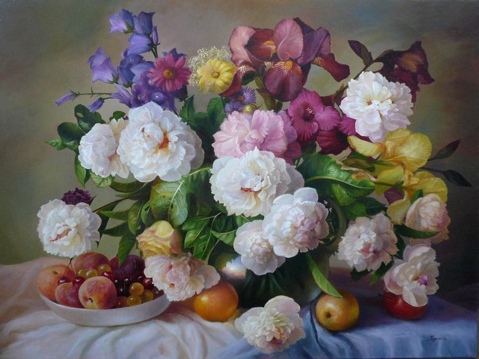Still life painting of flowers and fruit by Zbigniew Kopania
