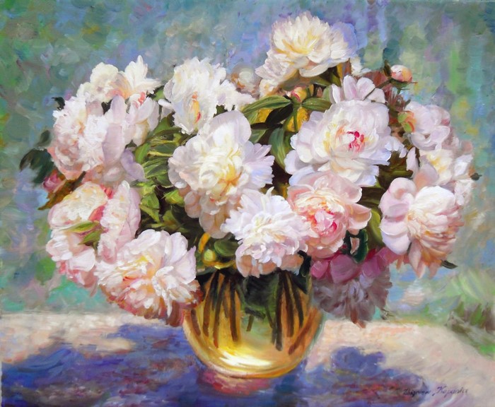 Bouquet of Peonies in a Golden Vase by Zbigniew Kopania